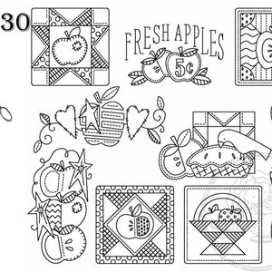 May include: Black and white line art illustrations of apples, pies, and other fall-themed designs. The illustrations are in a vintage style and feature a variety of patterns and textures. The text "FRESH APPLES 5c" and "PICKED WITH LOVE" are included in the image.
