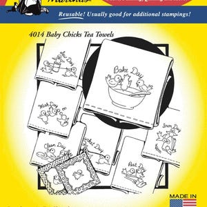 May include: A pack of Aunt Martha's 4014 Baby Chicks iron-on transfers for embroidery and fabric painting. The yellow packaging features black and white line art illustrations of chicks performing daily tasks like baking, washing, and sewing.