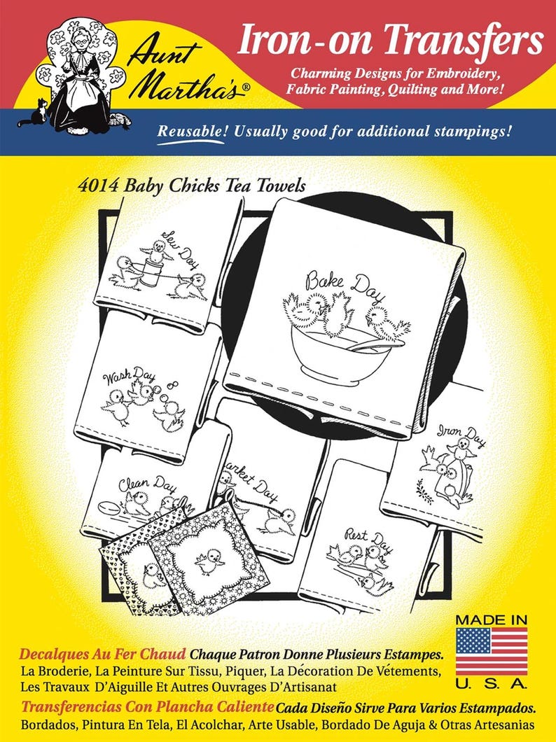 May include: A pack of Aunt Martha's 4014 Baby Chicks iron-on transfers for embroidery and fabric painting. The yellow packaging features black and white line art illustrations of chicks performing daily tasks like baking, washing, and sewing.