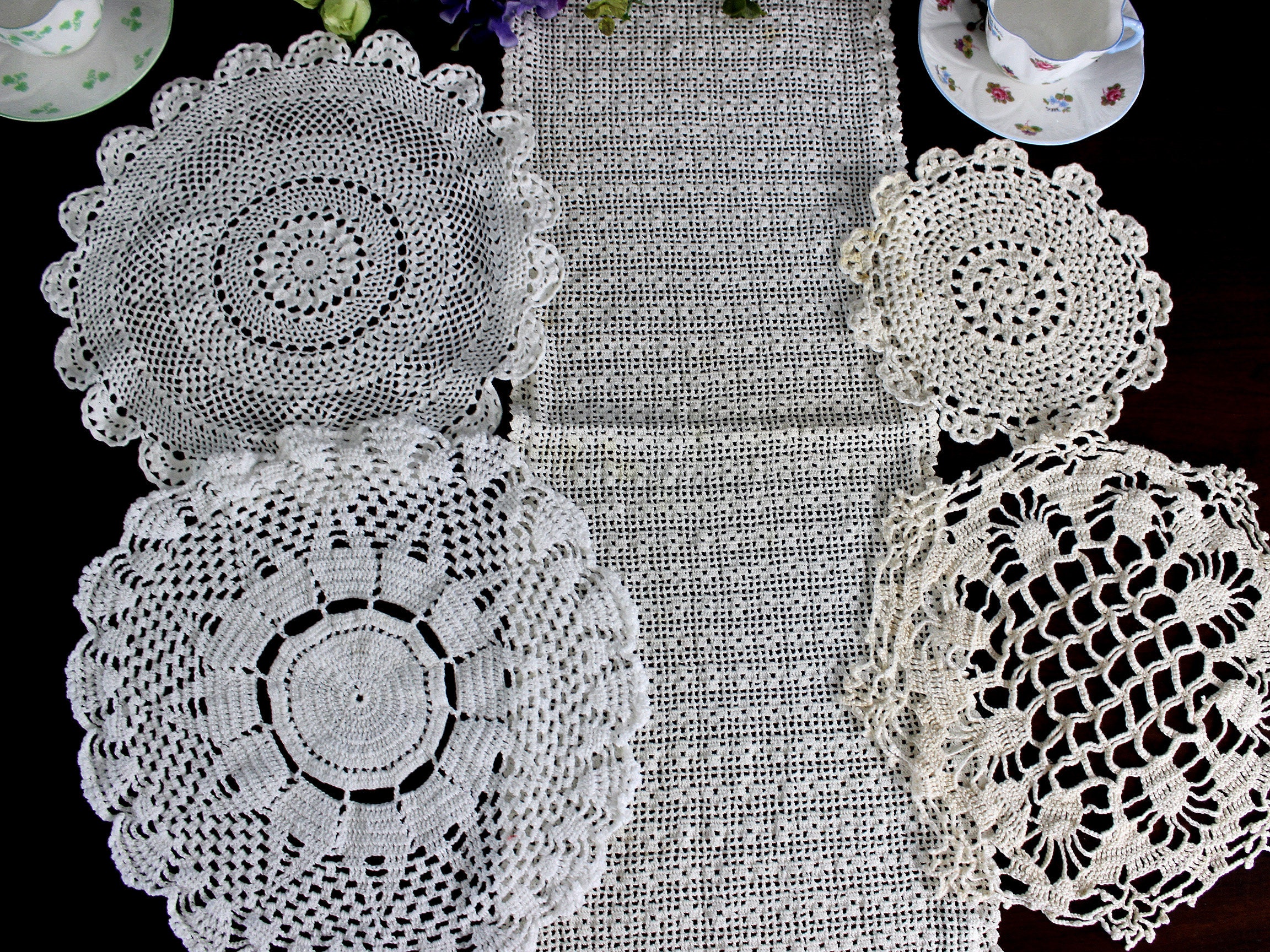 5 Assorted Crochet Doilies, Vintage Handmade Doilies, Doily Lot