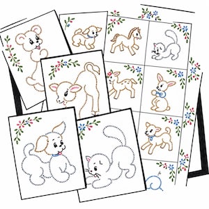May include: A collection of white cards featuring embroidered animal designs including a bear, puppy, horse, kitten, lamb, fawn, and rabbit. Each animal is outlined in brown or black stitching with small colorful floral accents in the corners.