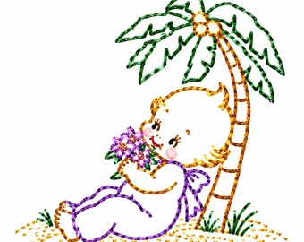 May include: An embroidered design featuring a baby with blonde hair sitting under a green palm tree on a sandy beach. The baby holds a cluster of purple flowers and wears purple clothing. The entire image is outlined in a chain stitch style.