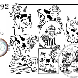 May include: Black and white line art illustrations of cows in various poses. The illustrations include a cow wearing a hat, a cow in a boat, a cow with flowers, and a cow with bubbles. The number 3892 is written at the top of the image.