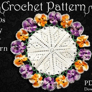 May include: A vintage crochet doily pattern featuring a circular design with a border of purple, orange, and green pansies. The pattern is titled "c1940s Pansy Doily Pattern Only" and is labeled #104. The image also includes the text "PDF File Downloadable".