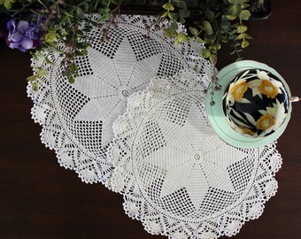 2 Vintage Crochet Doilies - Matching Set Doilies, Star Centered Doily Pair 17658