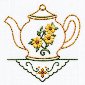 May include: An embroidery design featuring a teapot outlined in golden yellow thread with a central floral motif of two yellow sunflowers and green leaves. Below the teapot sits a decorative green scalloped doily with a small yellow flower.