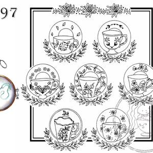 May include: Black and white line art illustration of six teacups and saucers with floral designs. Each teacup and saucer is surrounded by a wreath of leaves. The number 3897 is in the top left corner of the image.