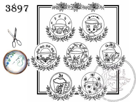Floral Teacups, Transfer Pattern, Hot Iron Transfers, Aunt