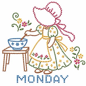 May include: A cross-stitch embroidery pattern featuring a figure in a pink bonnet and floral dress standing by a brown stool. A blue bowl with a floral design sits on the stool, with chopsticks inside. The word MONDAY is stitched in blue below.