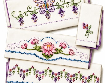 Aunt Martha's 3734, Butterfly Floral Motifs, Pillow Cases, Transfer Pattern, Hot Iron Transfers