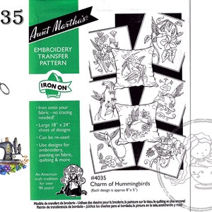 NEW Aunt Martha&#39;s 4035 Charm of Hummingbirds, Transfer Pattern, Hot Iron Transfers, Uncut, Unopened Transfers