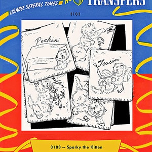 Embroidery Transfer Pattern, 3183 Sparky the Kitten, Aunt Martha&#39;s, Hot Iron