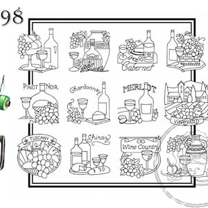 May include: Black and white line art illustrations of wine bottles, grapes, and wine glasses. The illustrations are labeled with different types of wine, such as Pinot Noir, Chardonnay, Merlot, and Cabernet. The illustrations are surrounded by a black frame.