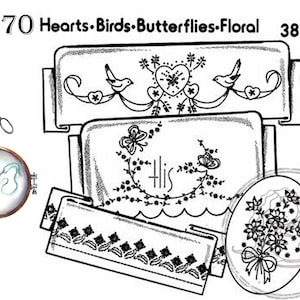Aunt Martha&#39;s 3870, Hearts, Birds, Butterflies, Florals, NEW Transfer Pattern, Hot Iron Transfers, Uncut, Unopened Transfers