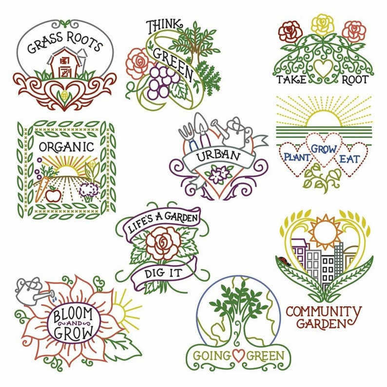 Pu&ograve; includere: Nove illustrazioni colorate con temi di giardinaggio. Le illustrazioni includono testo come "Grass Roots", "Think Green", "Take Root", "Organic", "Urban", "Plant Grow Eat", "Life's a Garden", "Bloom and Grow", "Community Gardens", "Going Green" e "Dig It".