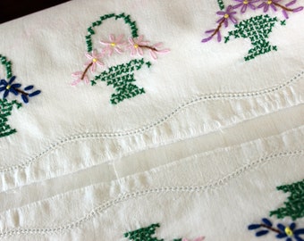 UNFINISHED Embroidered Pillowcases, Vintage Pillow Case Set,  White Cotton, Unhemmed, Uncut to Size 16778