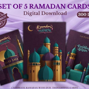 Conjunto de 5 cartões de saudação do Ramadã | Download digital | Arte islâmica geométrica, cartões Ramadan Kareem, cartões Ramzan