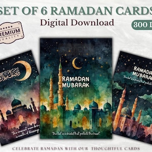 Cartões Ramadan Kareem, conjunto de 6, download digital | Arte islâmica vibrante em aquarela | Cartões Ramadan Mubarak, cartões Ramzan Kareem, presente de Ramadã