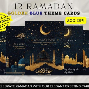 Cartões do Ramadã, conjunto de 12 para download digital | Cartões islâmicos | Conjunto para impressão em dourado e azul, Ramadan Mubarak, Ramadan Kareem.