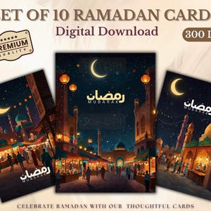 Cartões comemorativos do Ramadã, conjunto de 10, download digital | Tema Noite Islâmica e Bazar | Cartões Ramadan Kareem, Ramadan Mubarak.