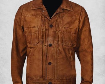 Men&#39;s Vintage Waxed Tan Brown Leather Trucker Jacket – Handmade Classic Cowboy Western Dutton Shirt Collar Style Coat