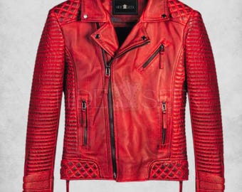 Chaqueta de cuero de cordero acolchada roja hecha a mano estilo motero – Cremallera asimétrica