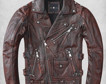 Vintage Leather Biker Jacket for Men – Handmade Distressed Brown Motorcycle Jacket with Zipper Pockets, Punk Rock Negan Style Outerwear Coat