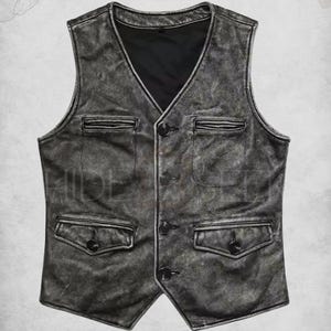Men’s Vintage Leather Vest - Handmade Real Lambskin Cowboy Waistcoat, Retro Rustic Button-Up Style Leather Vest