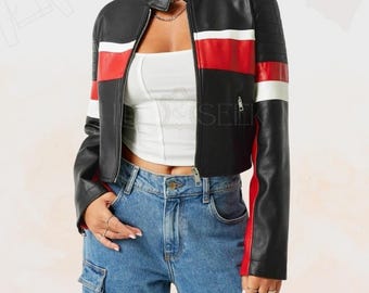 Handmade Women’s Black Lambskin Leather Biker Stripe Cropped Cafe Racer Moto Jacket | Streetwear Minimalist Snap-Tab Collar Coat