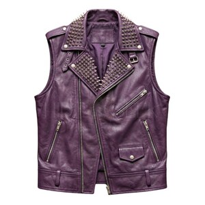 May include: A sleeveless purple leather vest with silver metal studs on the collar and lapel. The vest features a diagonal zipper closure, multiple zippered pockets, and a small snap pocket. The vest has a classic biker jacket design.
