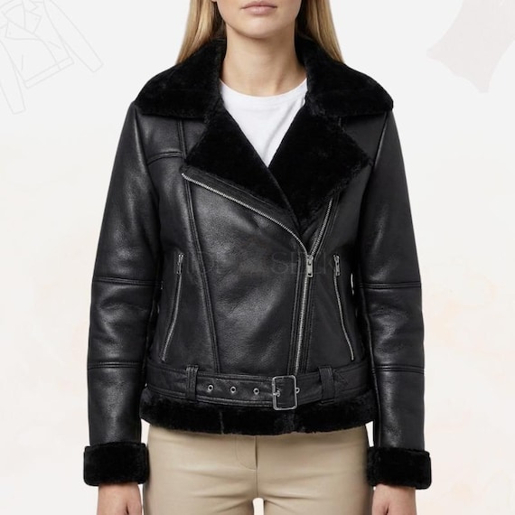 Women’s Black Lambskin Leather Aviator Shearling Jacket | Handmade Asymmetrical Fur Lined Biker Winter Coat