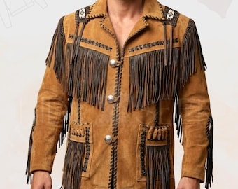 May include: A tan suede jacket with dark brown fringe detailing. The jacket features decorative stitching, silver-tone buttons, and pockets. The shoulders have decorative embellishments. This western-style jacket is a statement piece.