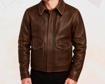 Handmade Lambskin Leather Adventure Jacket | Vintage Archaeologist Movie Style Bomber | Classic Brown Aviator Leather Coat