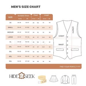 May include: A men's size chart for vests, with measurements in inches and centimeters. The chart includes sizes XS to 5XL, detailing chest, waist, and length measurements. A diagram of a vest is included. The text "FIND YOUR PERFECT FIT!" is at the bottom.