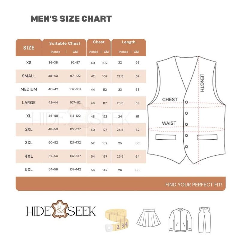 May include: A men's size chart for vests, with measurements in inches and centimeters. The chart includes sizes XS to 5XL, detailing chest, waist, and length measurements. A diagram of a vest is included. The text "FIND YOUR PERFECT FIT!" is at the bottom.