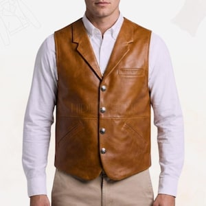 Handmade Tan Brown Vintage Leather Cowboy Vest, Western Lambskin Waistcoat