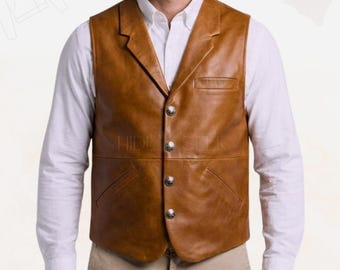 Chaleco vaquero vintage de cuero marrón tostado hecho a mano, chaleco de piel de cordero estilo western