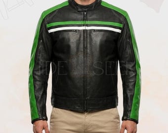 Sport Motorradfahren Streifen Lederjacke | Racer Schutz Rüstung gepolsterte Biker Rindslederjacke | Handgefertigte Biker gepolsterter Mantel