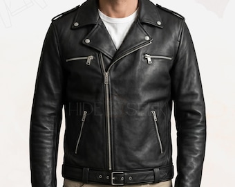 May include: Black leather jacket with a classic biker style. Features a notched collar, asymmetrical zipper closure, and multiple zippered pockets. Includes a belt at the waist and silver hardware. The jacket has the text "HIDE SEEK" on the bottom left.
