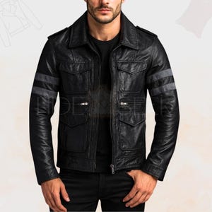 Handmade Movie Inspired Black Leather Tactical Biker Jacket | Agent Style Lambskin Shirt Collar Gaming Coat with Shoulder Epaulets