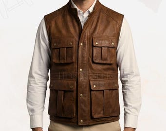 Men's Adventure Multi-Pocket Brown Leather Gilet - Fisherman Hunting Lambskin Utility Vest - Sleeveless Heritage Safari Waistcoat