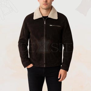 Jaqueta artesanal em couro camurça marrom | Casaco estilo cowboy ocidental com gola de pele | Jaqueta estilo sobrevivente com forro da bandeira americana