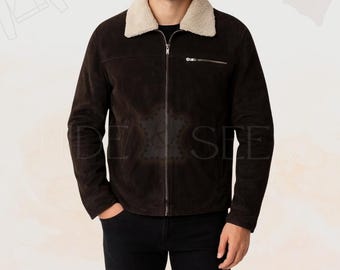 Handmade Brown Suede Leather Jacket | Western Cowboy Fur Collar Biker Coat | Distressed Survivor Style Jacket with American Flag Lining