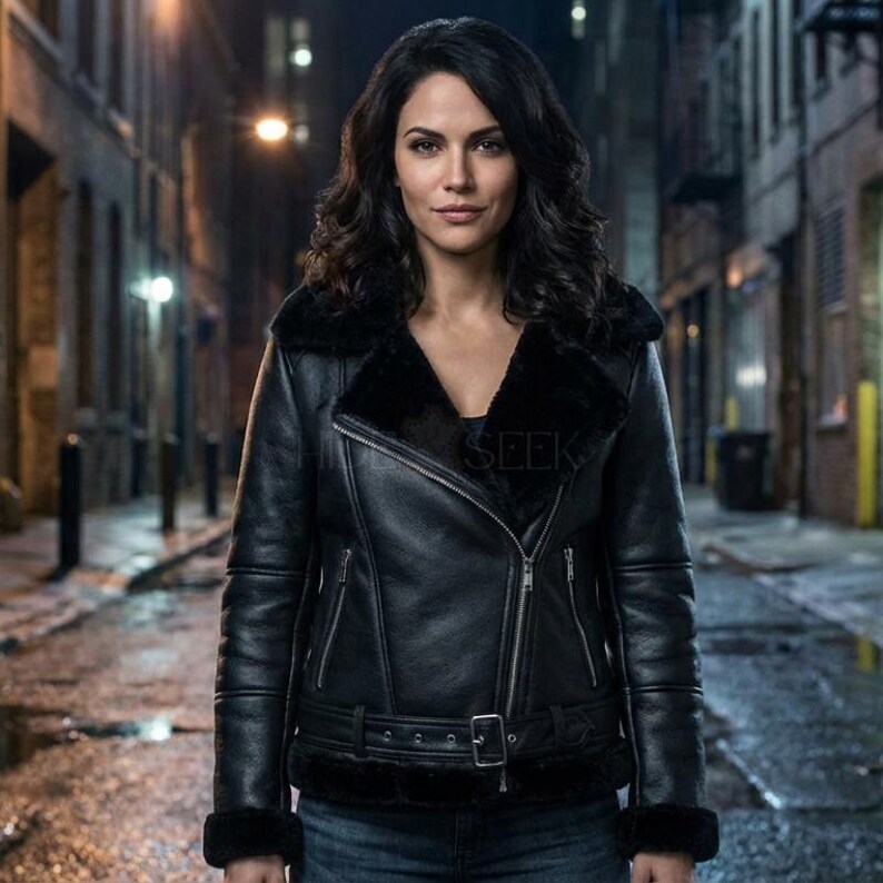 May include: Black leather jacket with a shearling collar and lining. The jacket features a zipper closure, a belted waist, and a "SEEK" text. The jacket is worn over a black top and blue jeans.