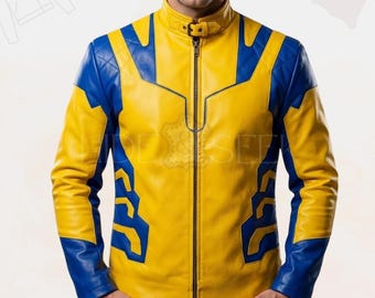 May include: A yellow and blue leather jacket with a stand-up collar and a front zipper. The jacket features blue accents on the shoulders, chest, and sleeves. The jacket has a quilted pattern on the shoulders.