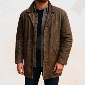 Handgemaakte trenchcoat van verweerd lamsleer | Vintage stofdoek in jagersstijl | Klassieke robuuste 3/4 halflange winterjas