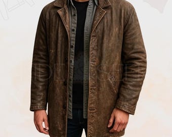 Handmade Distressed Lambskin Leather Trench Coat | Vintage Hunter Style Duster | Classic Rugged 3/4 Mid-Length Winter Overcoat