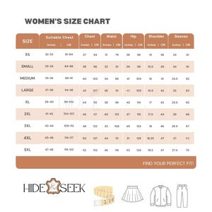 May include: A women's size chart with measurements in inches and centimeters. The chart includes sizes XS to 5XL, detailing chest, waist, hip, shoulder, and sleeve measurements. The chart also includes the text "FIND YOUR PERFECT FIT!"