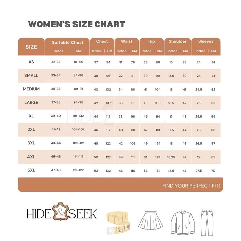 May include: A women's size chart with measurements in inches and centimeters. The chart includes sizes XS to 5XL, detailing chest, waist, hip, shoulder, and sleeve measurements. The chart also includes the text "FIND YOUR PERFECT FIT!"