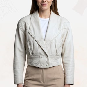 Women’s White Cropped Leather Jacket | Retro 90s Batwing V-Neck Moto Blazer | Y2K Grunge Aesthetic Vintage Lambskin Crop Coat